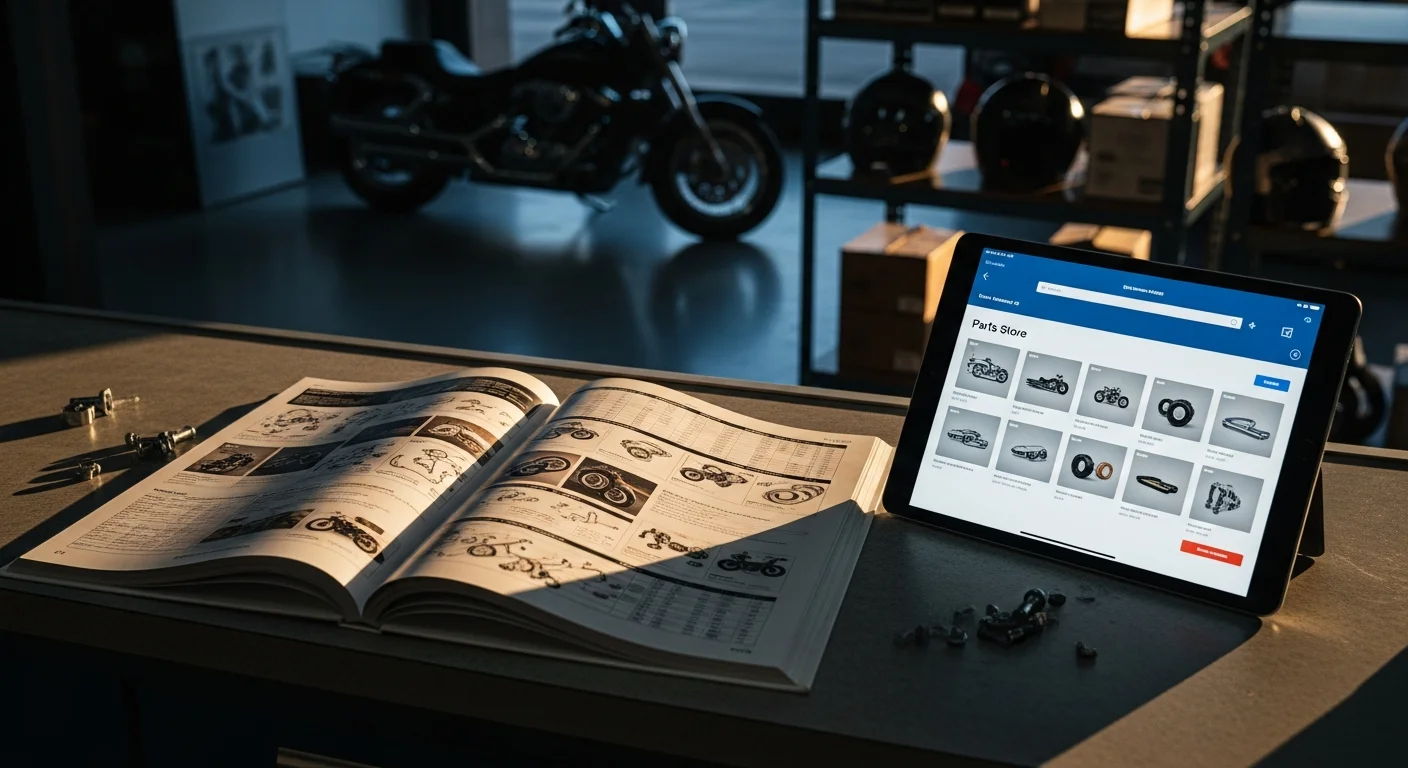 A thick print parts catalog lies open on a powersports dealership counter beside a tablet showing an online parts store — the analog past and the AI-driven present sitting side by side.